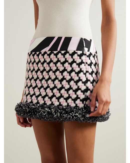 Emilio Pucci Black Printed Fringed Crepe-Trimmed Wool-Blend Tweed Mini Skirt