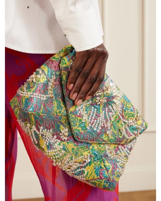 Dries Van Noten Green Embellished Floral-Jacquard Clutch