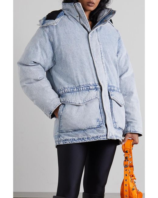 Alexander Wang Blue Oversized Hooded Padded Bleached Denim Jacket