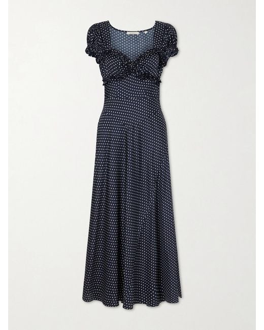 Doen Blue Valerine Gathered Polk-Dot Silk-Blend Twill Maxi Dress
