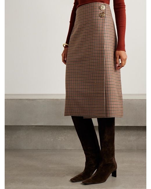 Cara Cara Brown Luca Embellished Houndstooth Cotton-Blend Tweed Wrap Midi Skirt