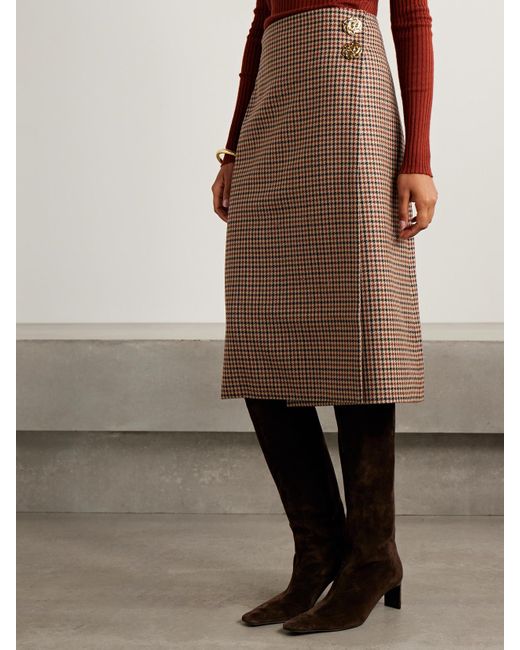 Jupe Midi Portefeuille En Tweed De Coton Mélangé Pied-De-Poule À Ornements Luca Cara Cara en coloris Brown