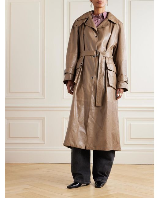 Brunello Cucinelli Natural Bead-Embellished Belted Double-Breasted Leather Trench Coat
