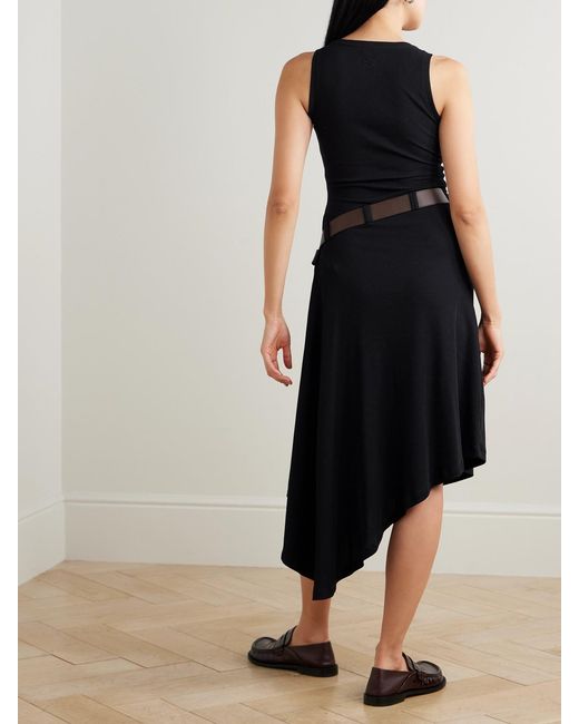 Loewe Asymmetric Leather-Trimmed Ribbed Cotton-Blend Jersey Dress in Black  | Lyst UK