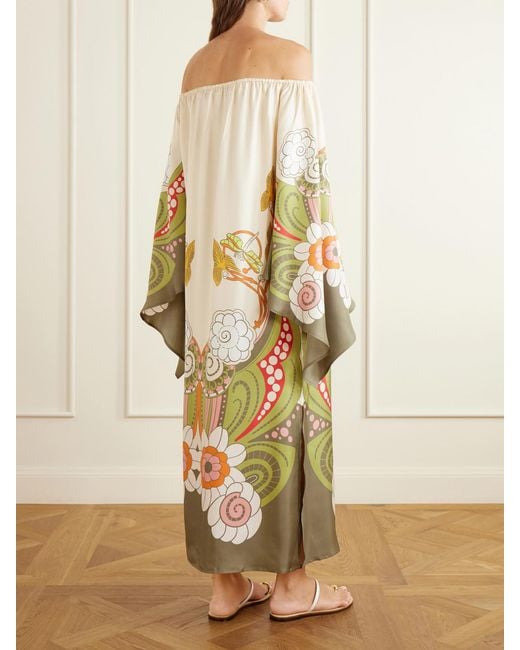 LaDoubleJ Natural Goddess Printed Off-The-Shoulder Silk-Twill Midi Dress