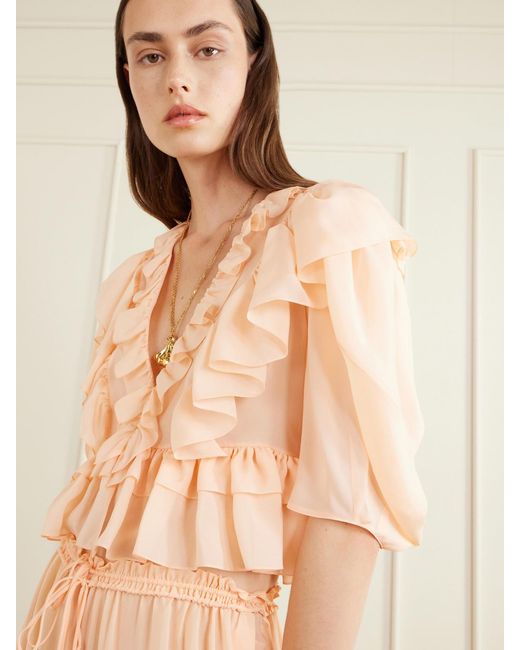 Chloé Natural Ruffled Silk-Charmeuse Blouse