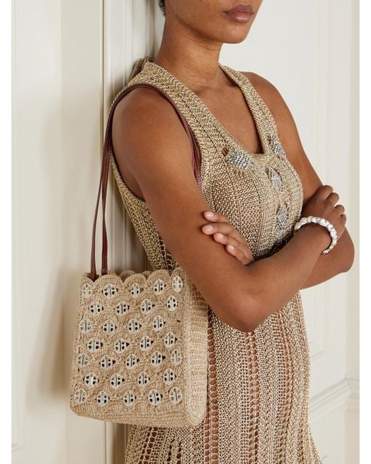 Rabanne Natural Schultertasche Aus Raffiabast Mit Lederbesätzen Und Verzierungen