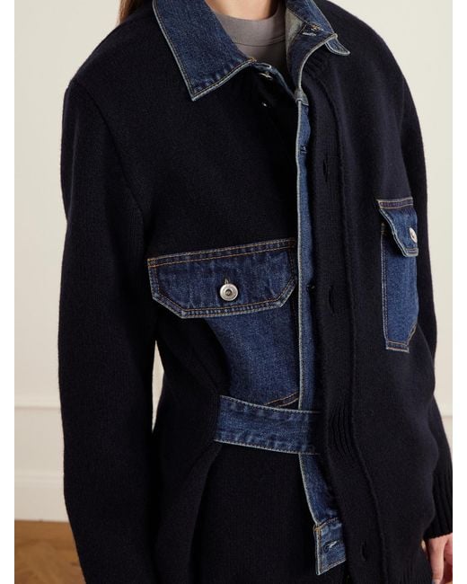 Sacai Blue Denim-Trimmed Wool-Blend Cardigan