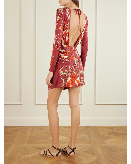 Johanna Ortiz Red Rainforest Canopy Open-Back Draped Printed Jersey Mini Dress