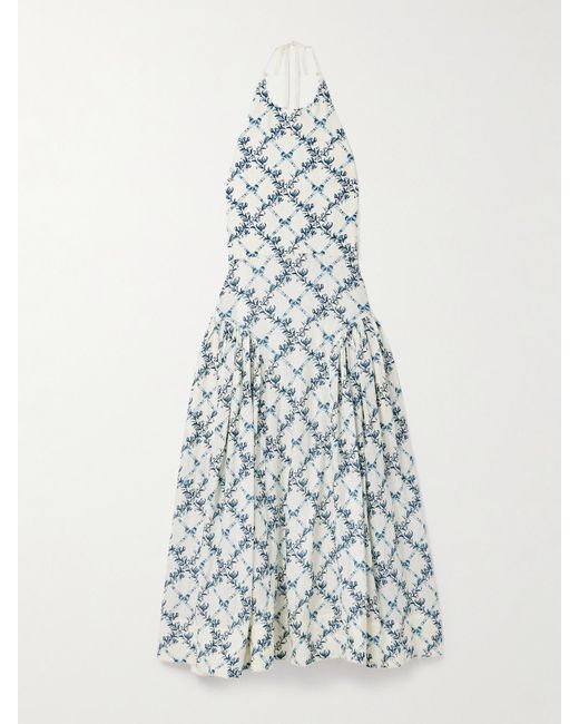 Agua Bendita White Balsa Faux Pearl-Embellished Printed Linen Halterneck Midi Dress