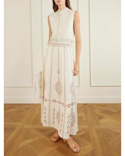 Emporio Sirenuse Natural Camille Embroidered Linen And Cotton-Blend Midi Skirt