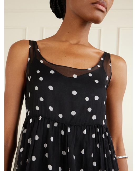 R13 Black Gathered Polka-Dot Silk Midi Dress