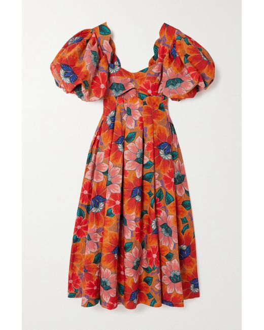 Farm Rio Red Marias Cutout Pleated Floral-Print Cotton Midi Dress