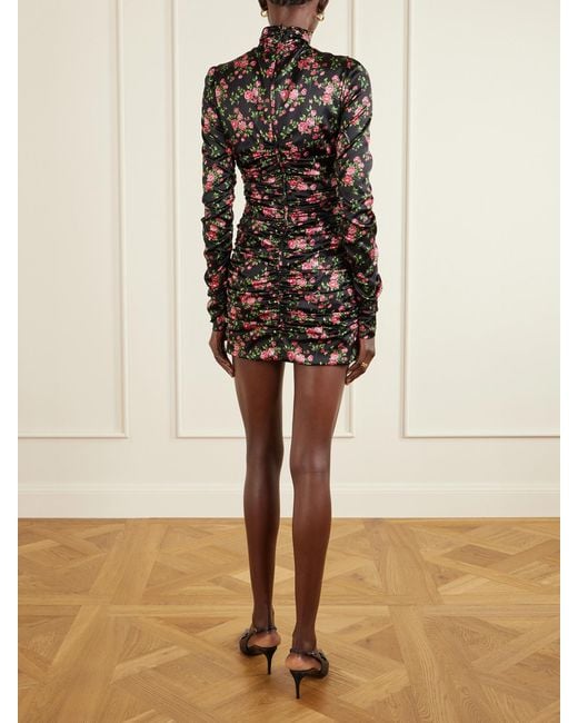 Dolce & Gabbana Black Small Rose Bouquets-Printed Mini Satin Dress