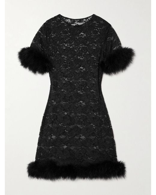Oseree Black Feather-Trimmed Corded Lace Mini Dress