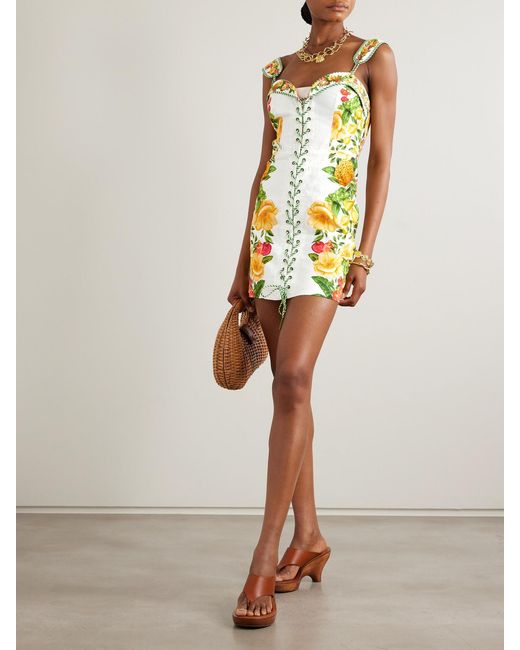 Farm Rio White Floral-Print Linen-Blend Mini Dress
