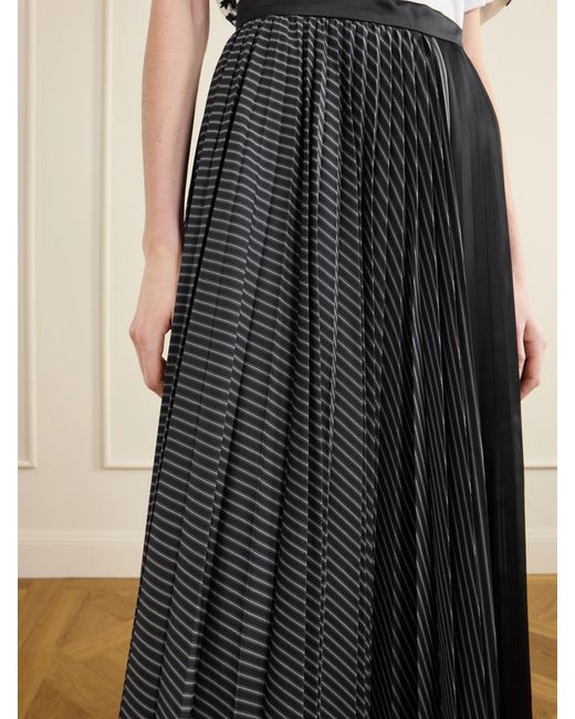 Sacai Black Pleated Striped Chiffon-Trimmed Cotton-Blend Poplin Maxi Skirt