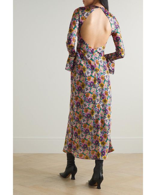 Les Rêveries Red Open-Back Floral-Print Satin Midi Dress