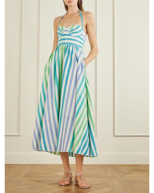 Emporio Sirenuse Blue Johanna Ikat Striped Cotton Midi Dress
