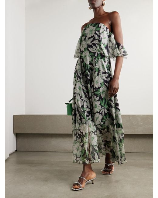 Loewe Green Off-The-Shoulder Floral-Print Silk-Crepon Midi Dress