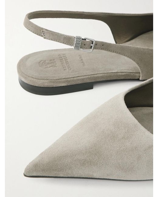 Brunello Cucinelli Natural Embellished Suede Slingback Flats