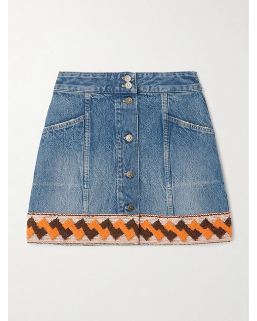 Valentino Garavani Blue Jacquard-Trimmed Paneled Denim Mini Skirt