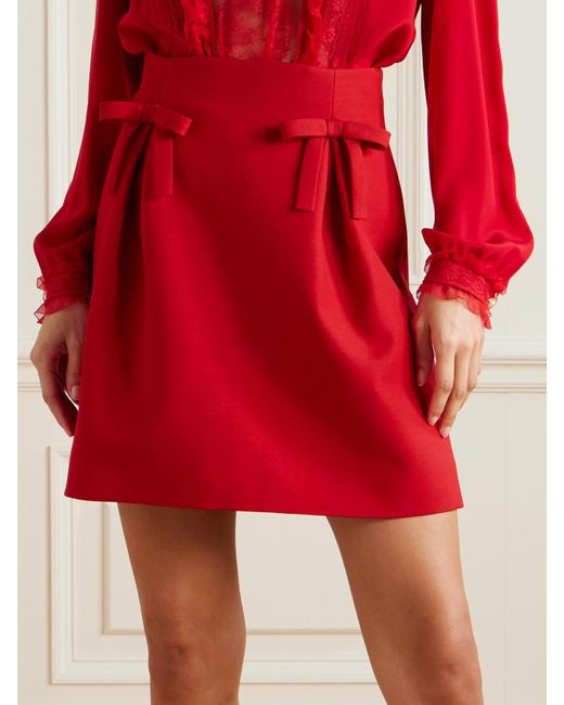 Valentino Garavani Red Bow-Detailed Pleated Wool And Silk-Blend Mini Skirt