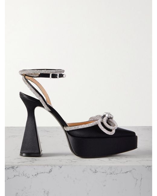 Mach & Mach Black Double Bow Crystal-embellished Satin Platform Pumps