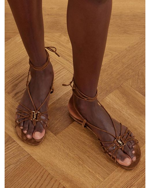 Saint Laurent Natural Babylone Logo-Embellished Lace-Up Suede Sandals
