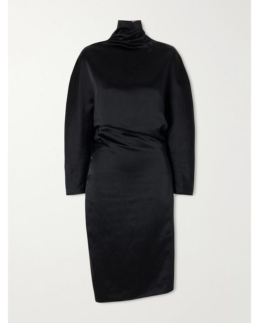 Khaite Black Harlin Draped Ramie-Blend Satin Knee-Length Dress