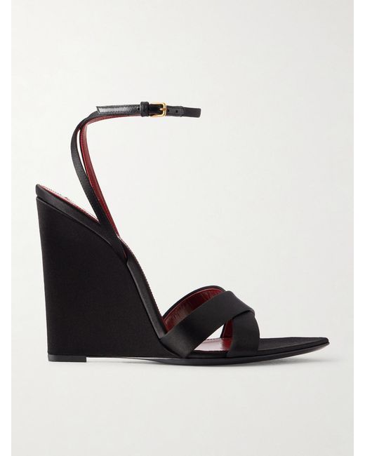 Saint Laurent Black Lydia Satin Wedge Sandals