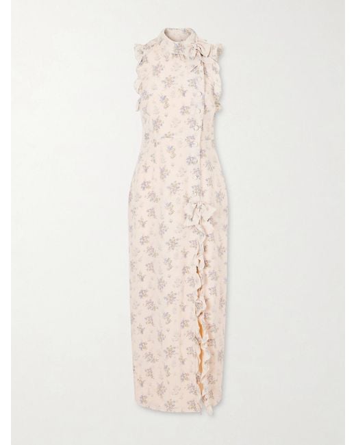 Alessandra Rich White Ruffled Floral-Print Silk Midi Dress