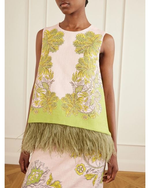 LaDoubleJ Yellow La Scala Printed Feather-Trimmed Cotton-Blend Top