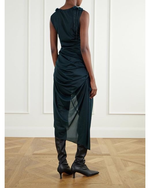 PAULINE DUJANCOURT Blue Najia Floral-Appliquéd Gathered Asymmetric Jersey Midi Dress