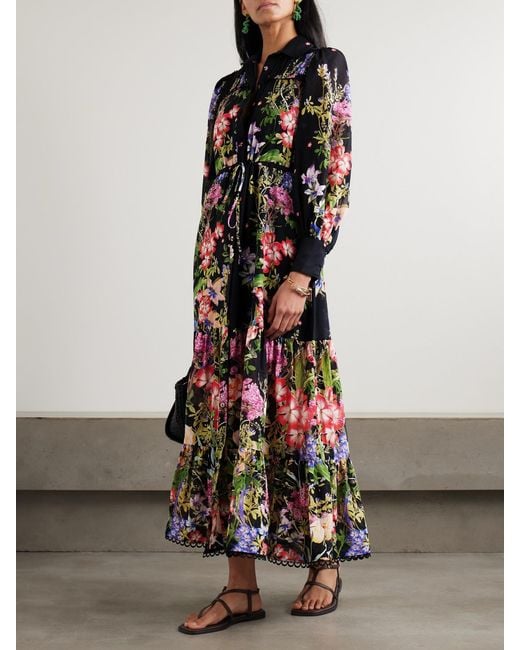 Charo Ruiz Black Lotus Floral-Print Cotton-Blend Voile Maxi Shirt Dress