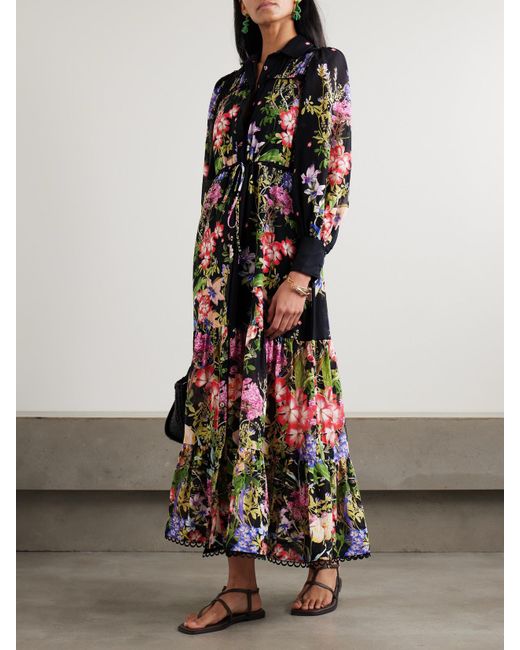 Charo Ruiz Black Lotus Floral-Print Cotton-Blend Voile Maxi Shirt Dress