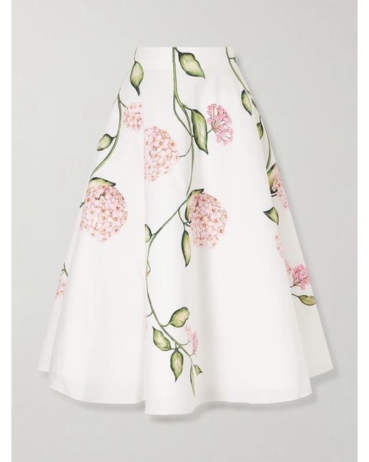 Oscar de la Renta Natural Porcelain Floral-Print Stretch Cotton-Poplin Midi Skirt