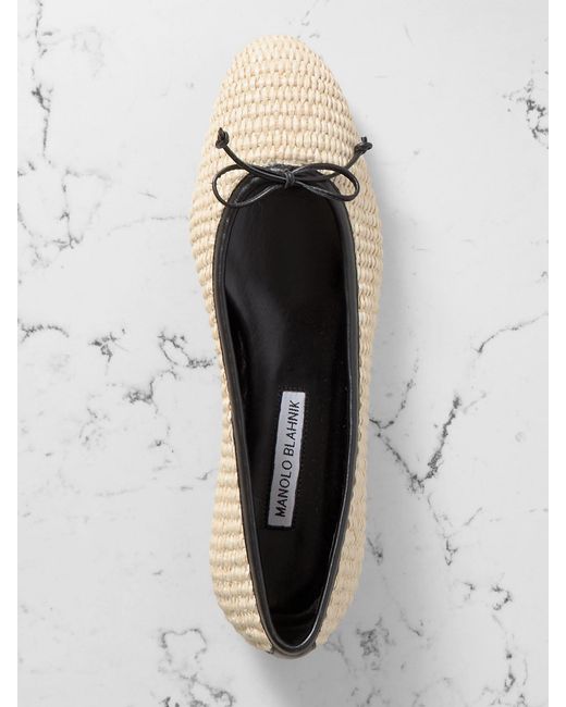 Manolo Blahnik White Veralli Leather-Trimmed Raffia Ballet Flats