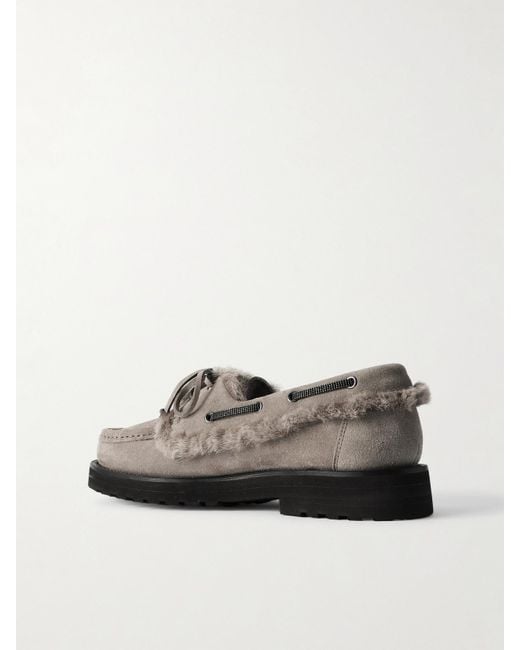 Brunello Cucinelli Brown Loafers Aus Veloursleder Mit Shearling-Besätzen Und Zierperlen