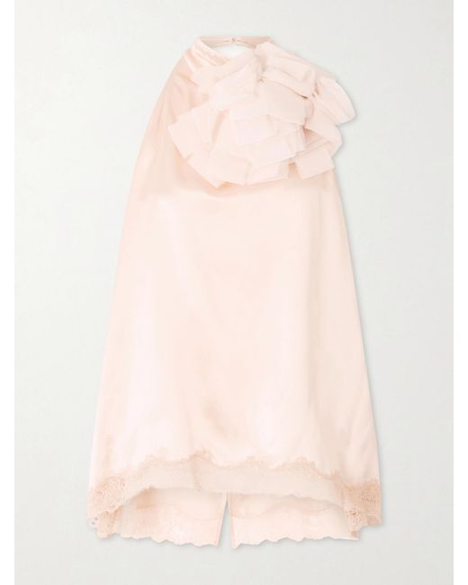 Magda Butrym Pink Appliquéd Lace-Trimmed Silk-Satin Halterneck Top