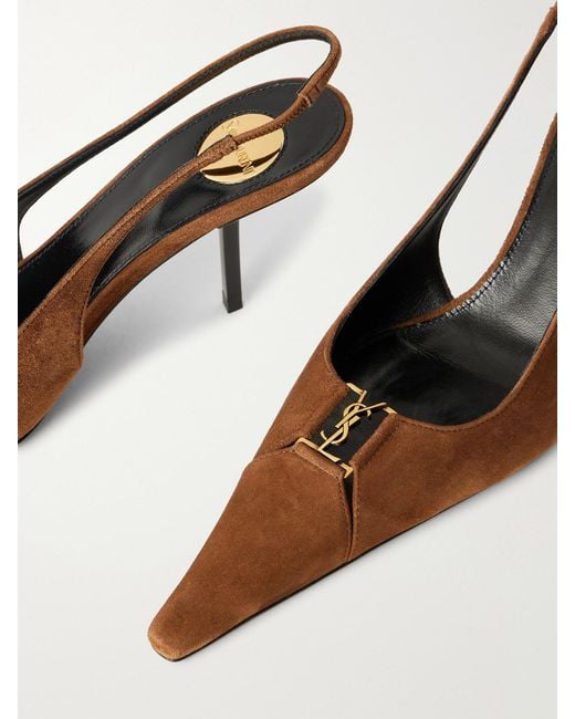 Saint Laurent Brown Babylone Glossed-Leather Slingback Pumps