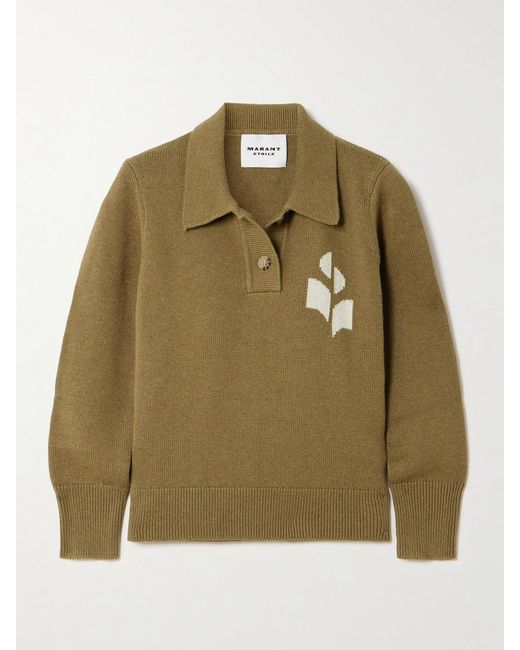 Isabel Marant Green Nola Intarsia Cotton And Wool-Blend Polo Sweater