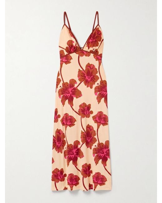 Johanna Ortiz Red Sendero De Astromelias Floral-Print Satin Maxi Dress