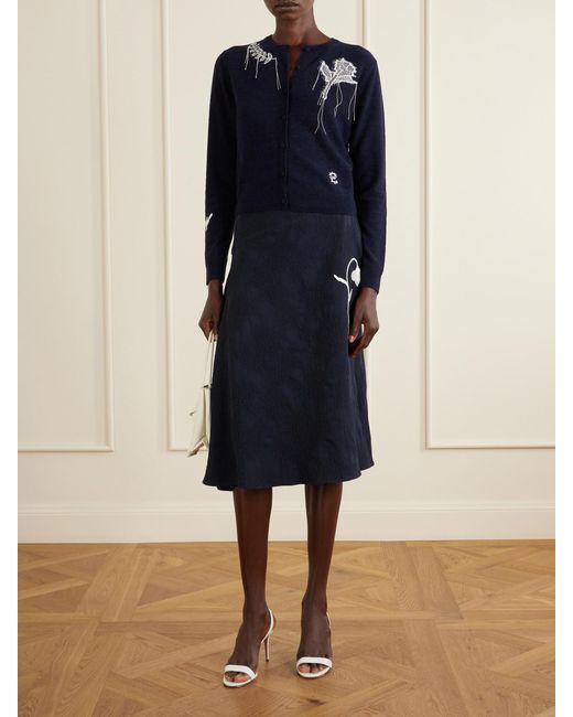 Erdem Blue Asymmetric Floral-Jacquard Cotton-Blend Midi Skirt