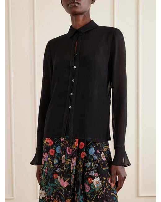 Gucci Blue Lace-Trimmed Silk-Crepe Shirt