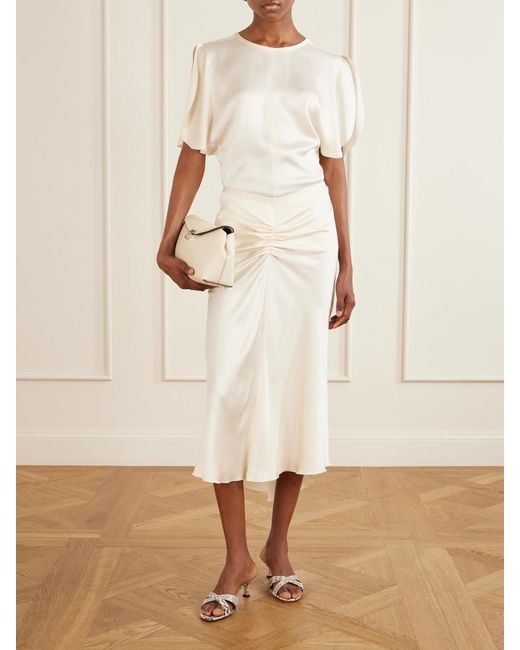 Victoria Beckham White Bela Ruched Satin Midi Skirt