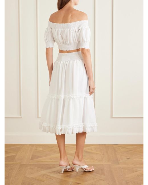 Balmain White Embellished Cropped Off-The-Shoulder Cotton-Poplin Top
