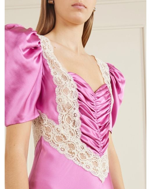 Rodarte Pink Ruched Embroidered Lace-Trimmed Silk-Twill Maxi Dress