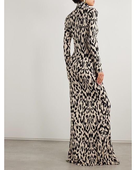 Brandon Maxwell White The Camille Leopard-Print Cashmere Turtleneck Maxi Dress