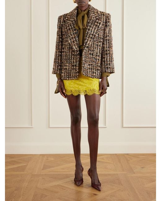 Saint Laurent Yellow Lace-Trimmed Metallic Floral-Jacquard Mini Skirt